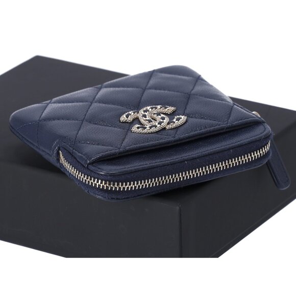 Chanel Caviar Quilted Crystal Zip Card Holder Wallet Navy - Picture 4 of 5